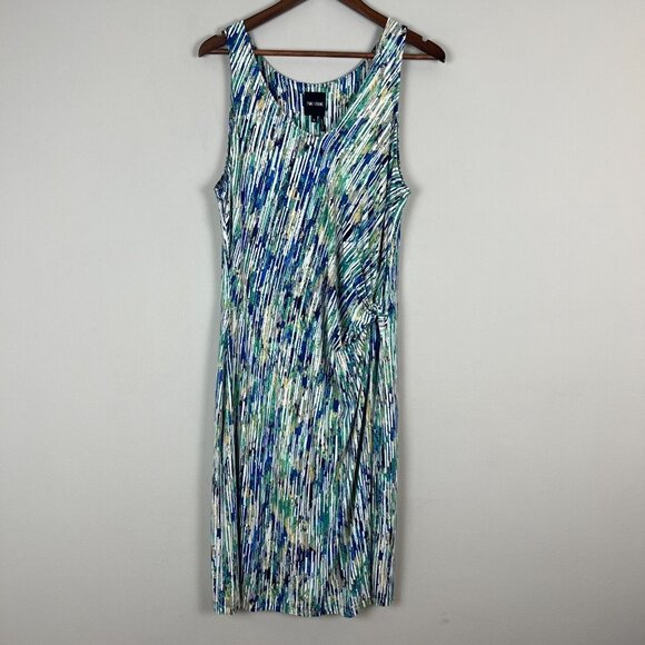 Nic+Zoe Dress XL Blue Geometric Gathered Waist Twist Stretch Knit Sleeveless - Picture 13 of 13